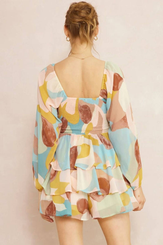 Entro - Printed Square Neck Tiered Romper