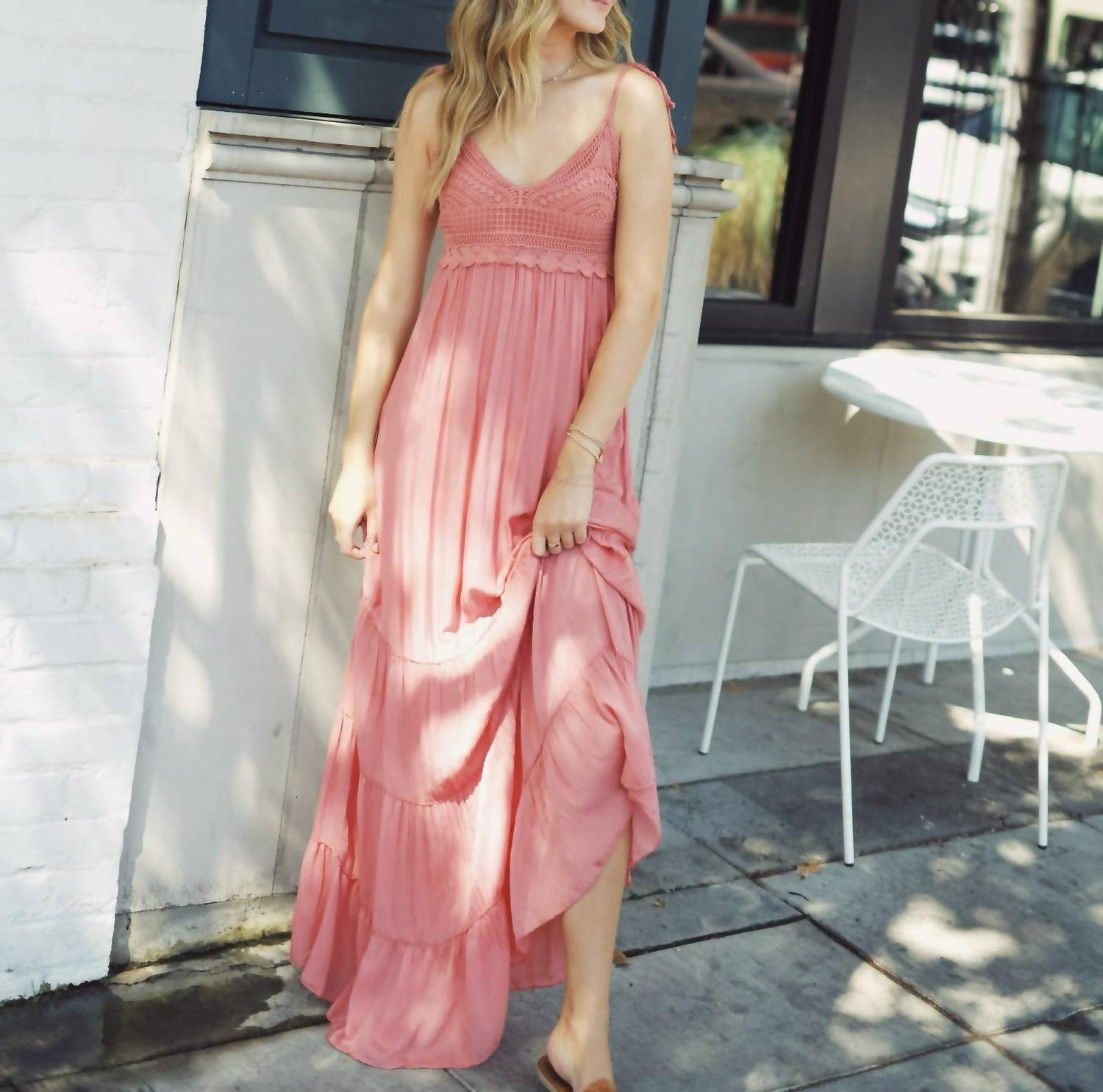 Scandal Italy Alisha Crochet Midi Dress in coral - women's dress - detail view