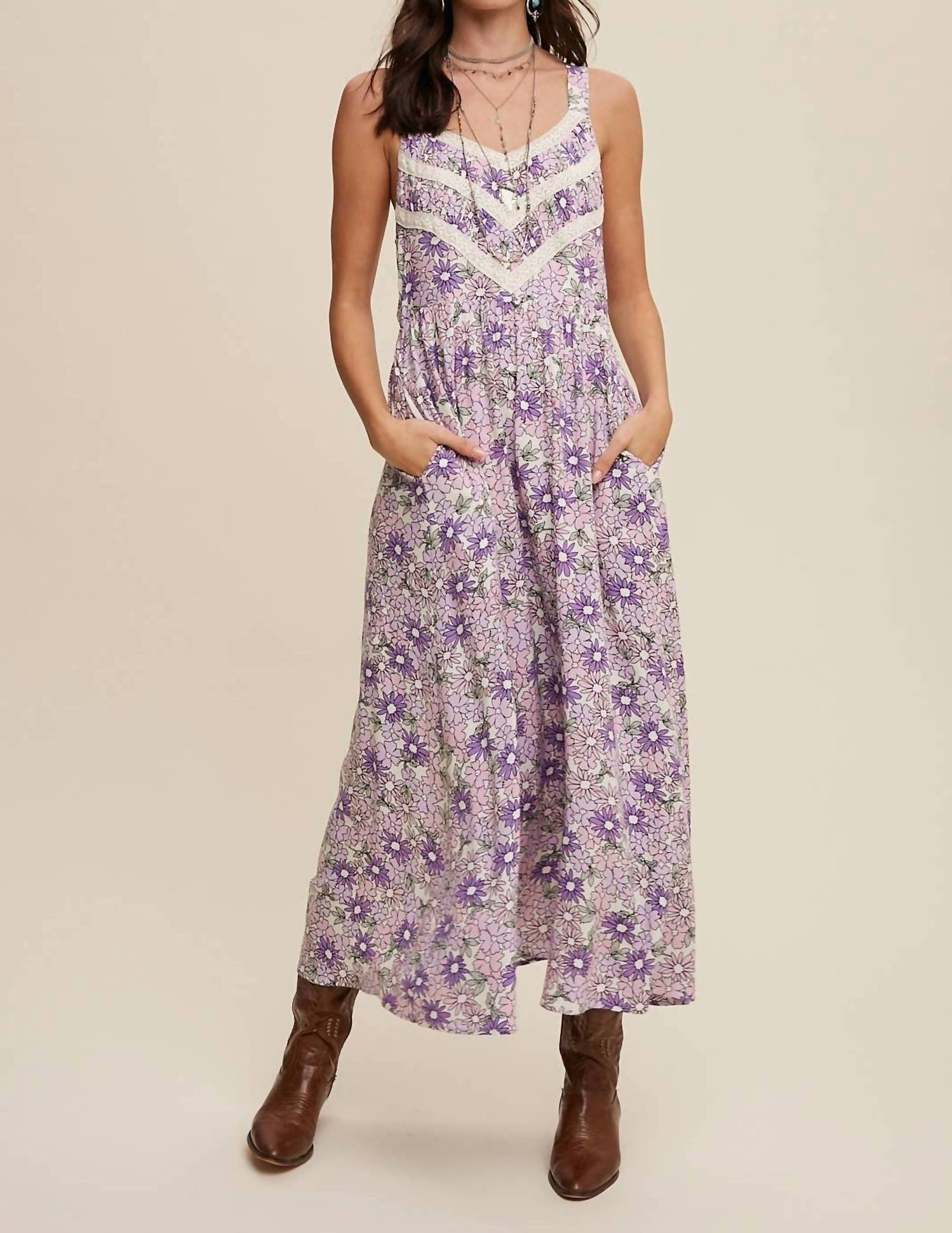 Listicle - Floral Lace Trim Maxi Dress