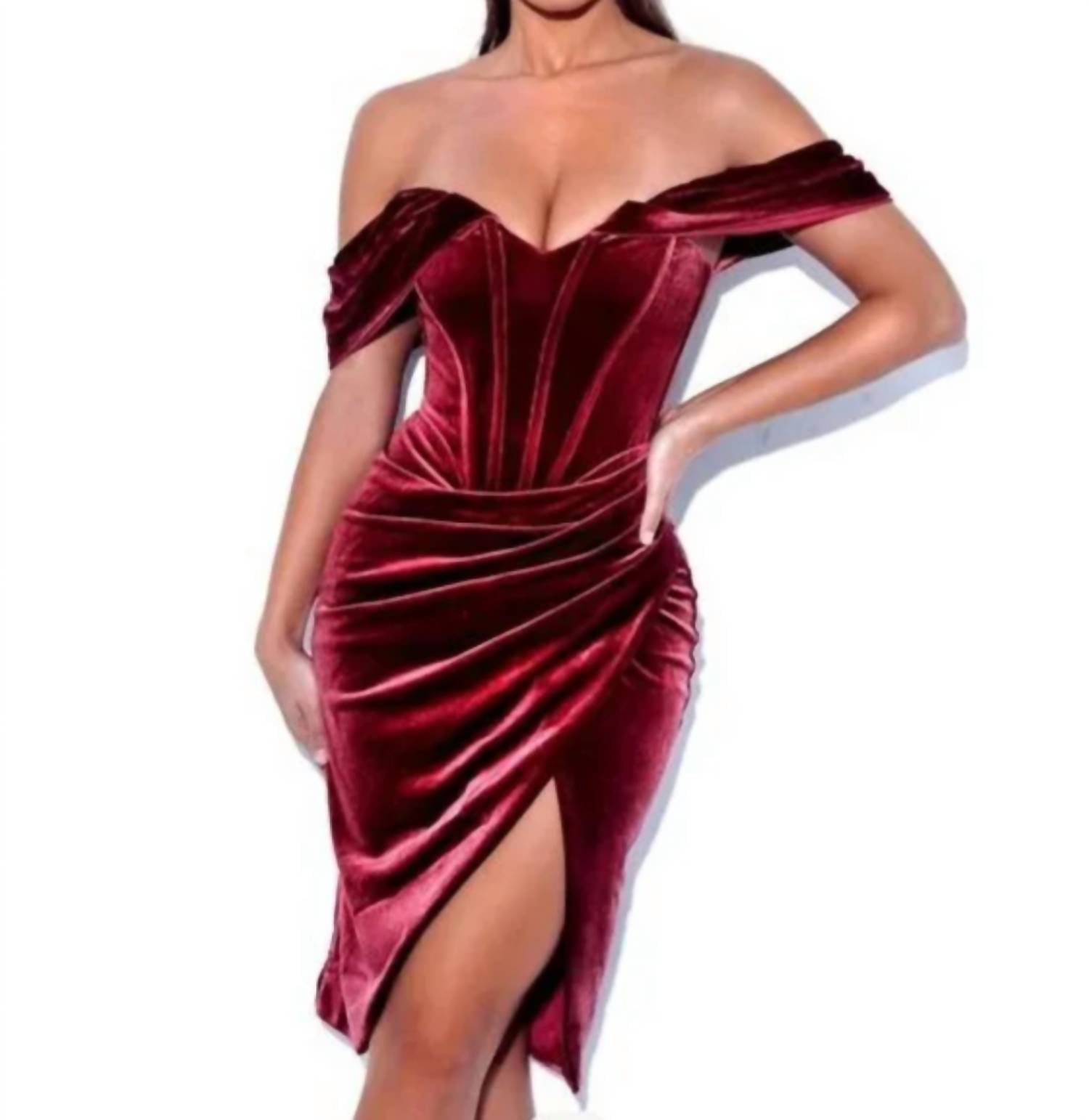Miss Circle - Off The Shoulder Midi Draped Velvet Corset Dress