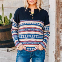 Southern Grace Sedona Sky Aztec Henley Pull Over Sweater in navy multi - women's sweater
