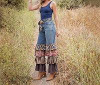Young Threads - Denim Patchwork Ruffle Flare Pants With Belt