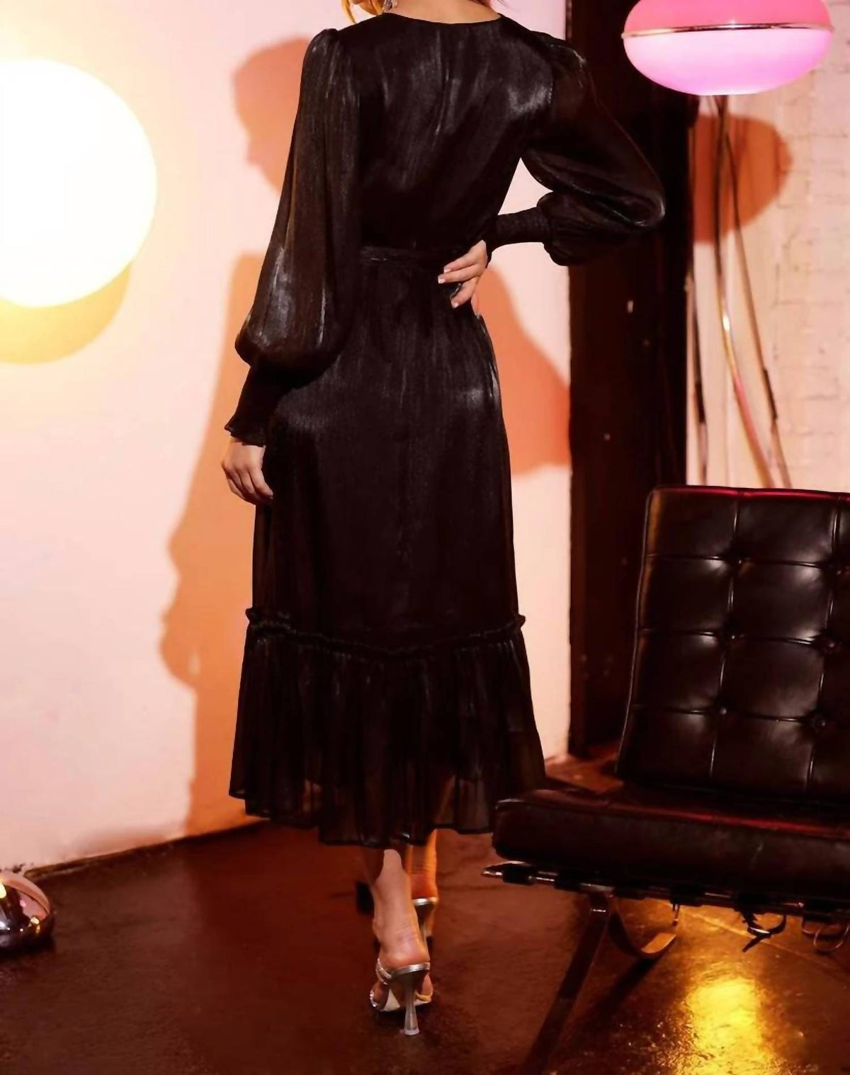 Blu Pepper - Wrap Belted Long Bishop Sleeve Midi Dress
