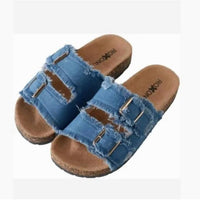 Roxoni Women's Double Buckle Frayed Cork Sandals in blue - women's sandal