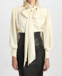 BARDOT Revana Satin Tie Neck Blouse in ivory - women's long sleeve top - detail view