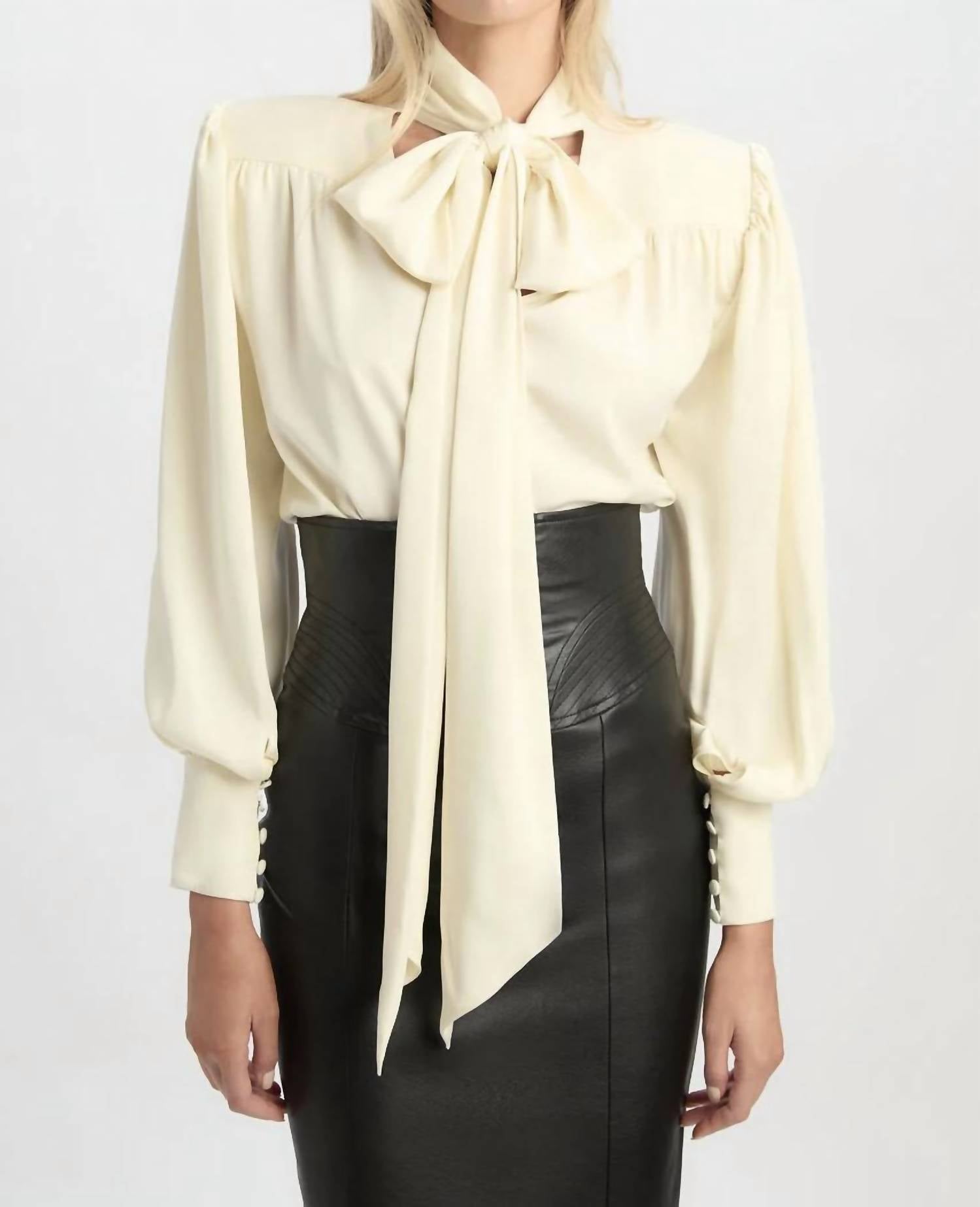 BARDOT Revana Satin Tie Neck Blouse in ivory - women's long sleeve top - detail view