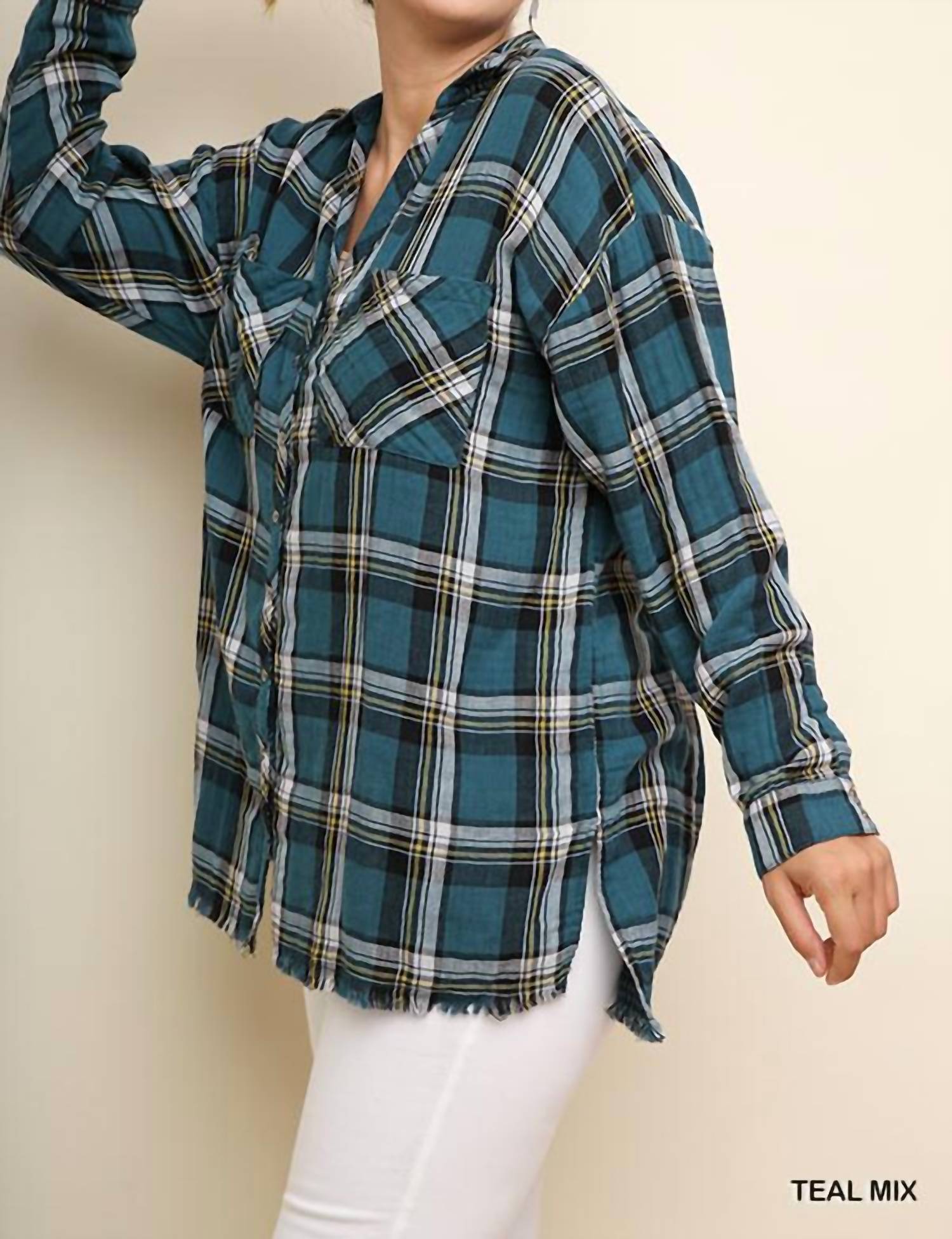 Umgee - Plaid And Frayed Cotton Top - Plus