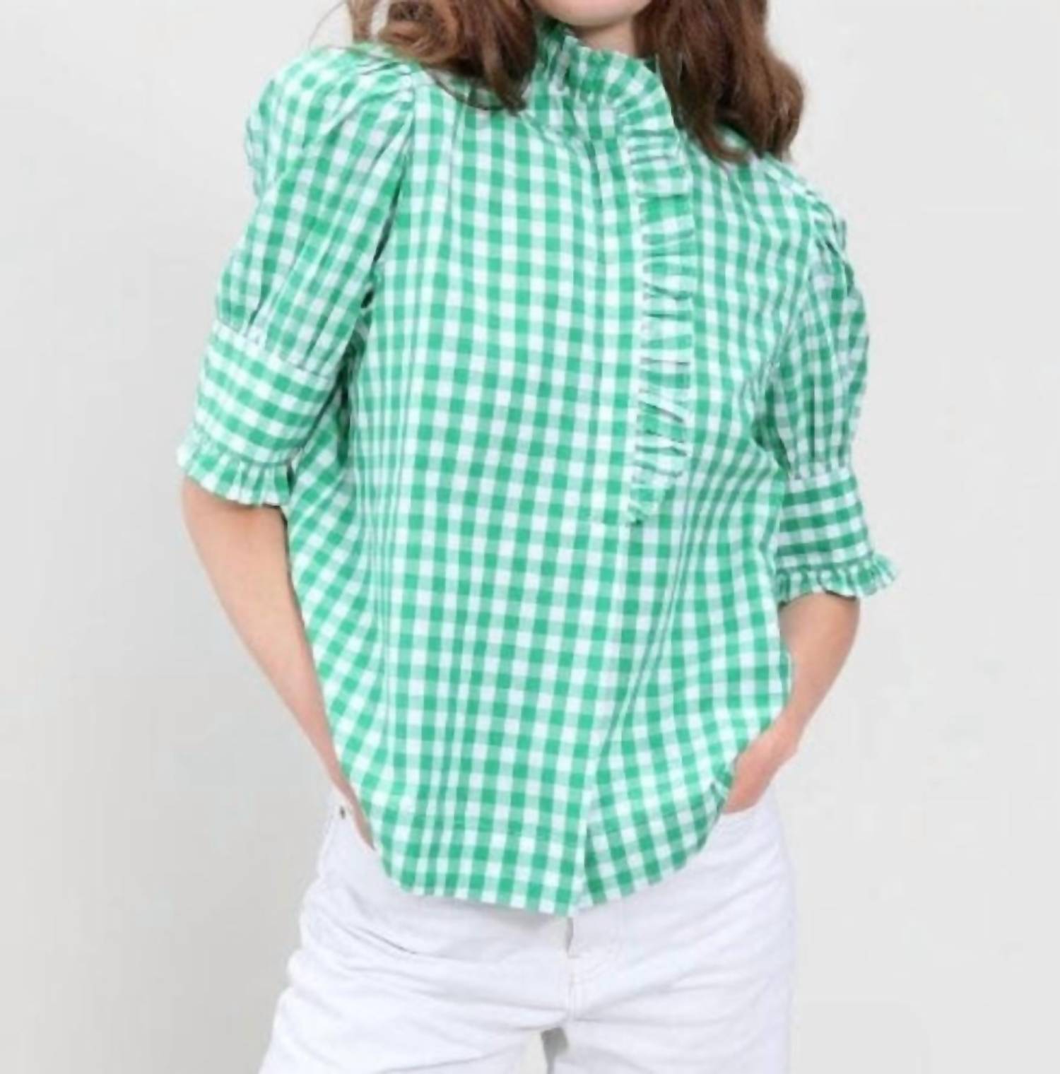 Navybleu - Westport Gingham Ruffled Neck Top