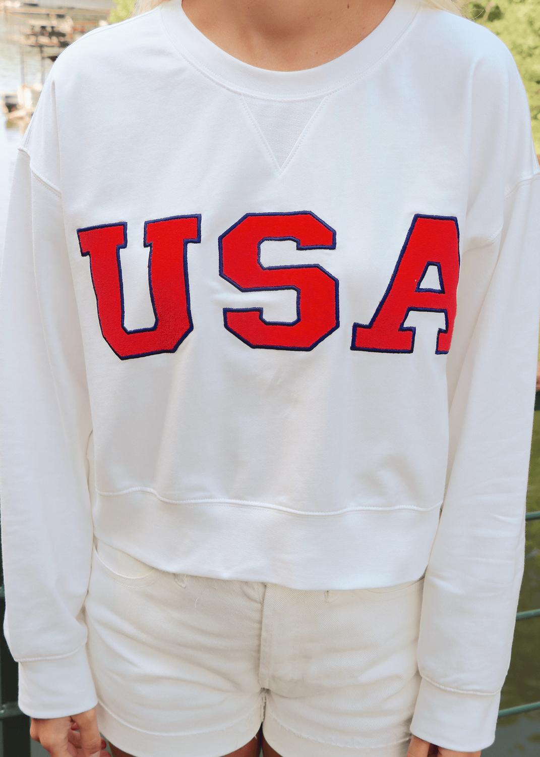 Day + Moon - Embroidered Usa Cropped Sweatshirt