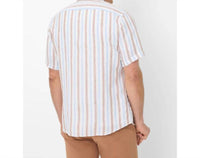 Brax Hardy Linen Mix Short Sleeved Shirt in beige light blue stripe - men's shirt - detail view