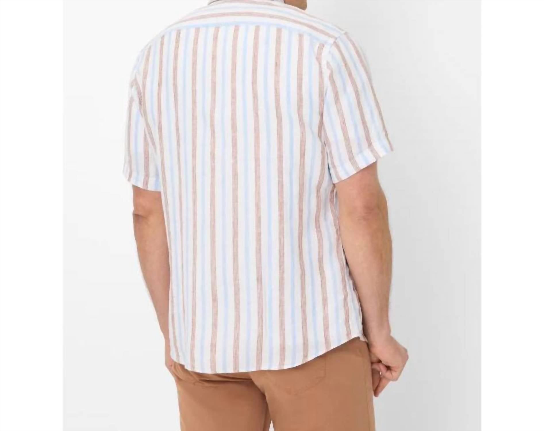 Brax Hardy Linen Mix Short Sleeved Shirt in beige light blue stripe - men's shirt - detail view