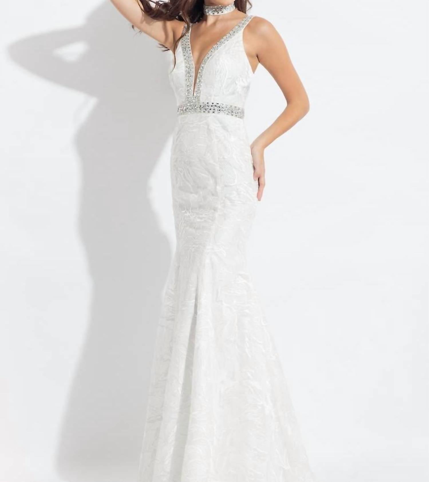 Rachel Allan - Floral Embroidered Mermaid Gown With Rhinestones