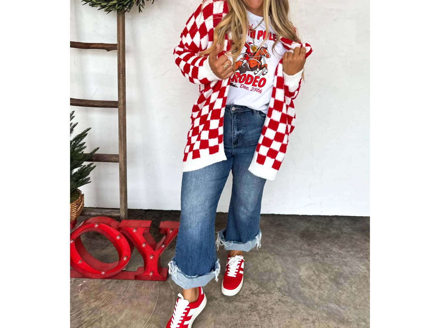BLAKELEY Christmas Cloud Cardigan in red checker - women's cardigan