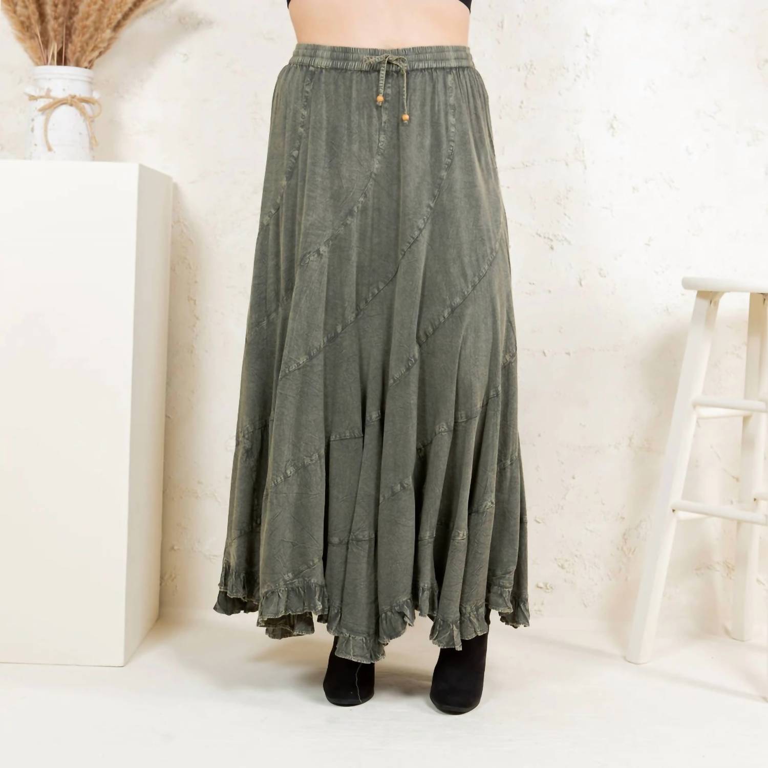 Young Threads Asymmetrical Maxi Skirt in olive gravel - women's skirt