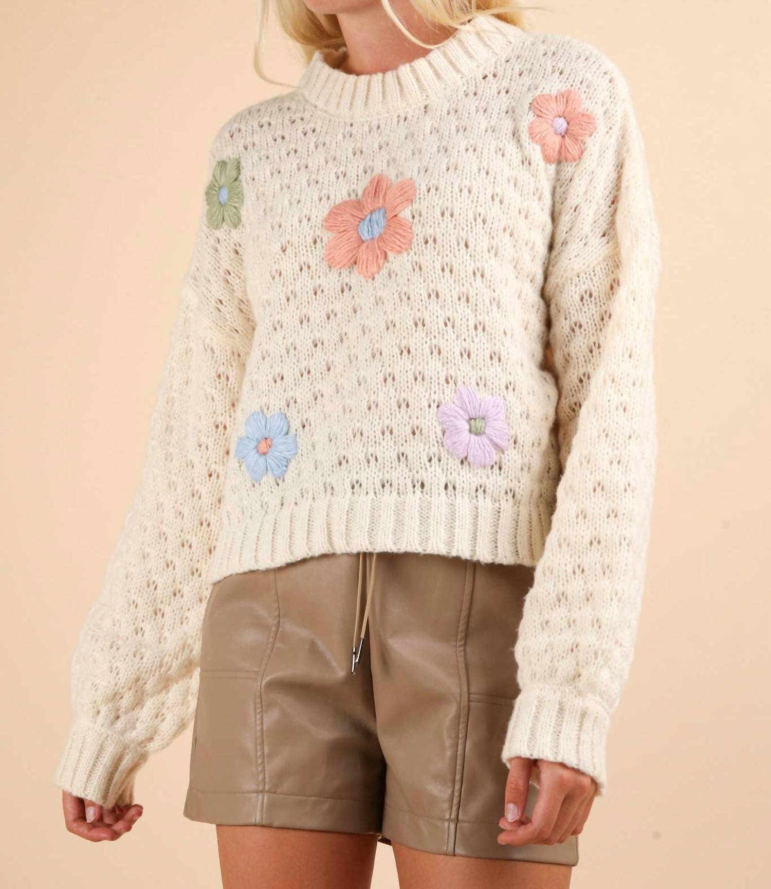 Very J - Women's Hand Made Flower Applique Sweater Top