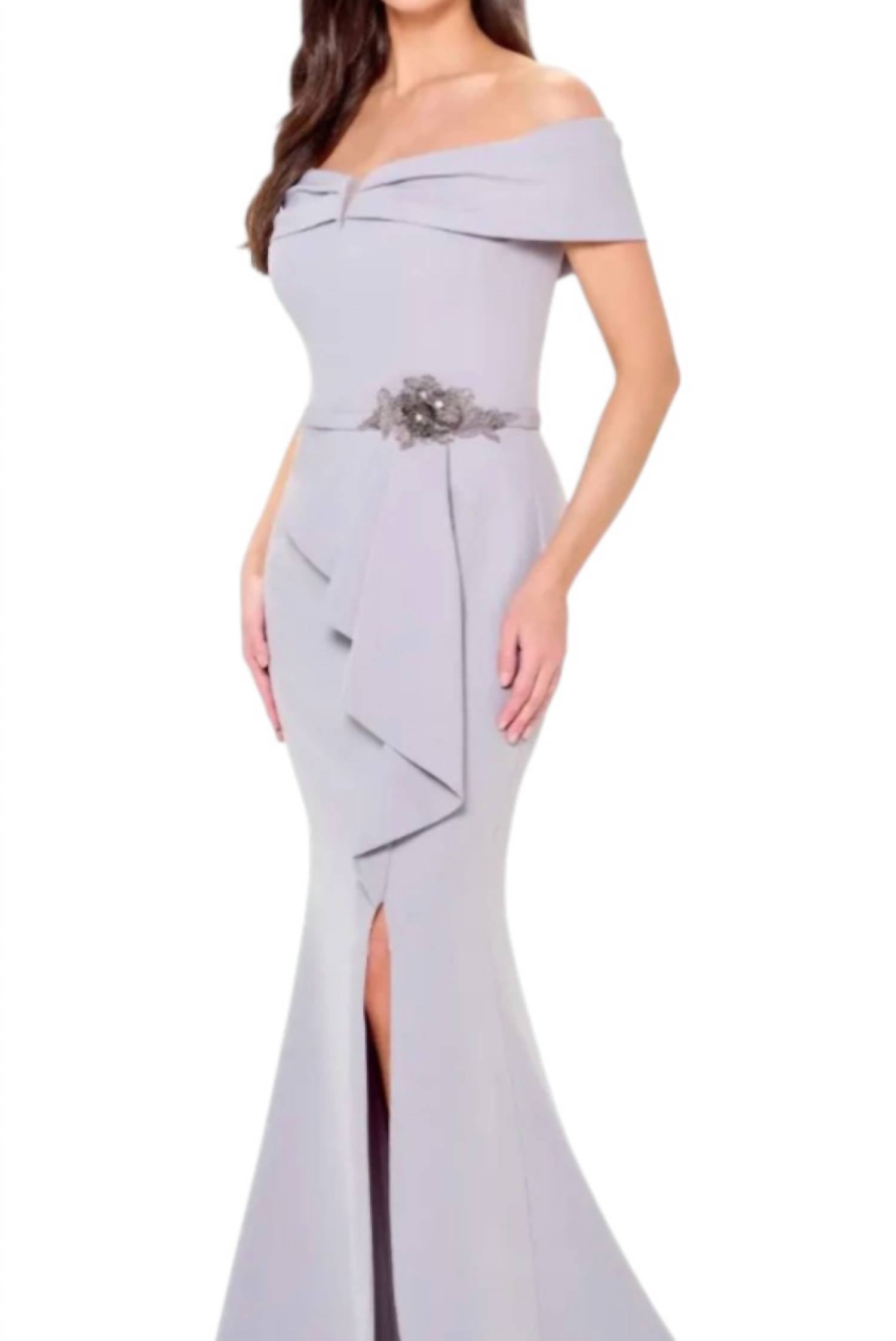 Cameron Blake Off The Shoulder A-line Dress in platinum - women's dress - detail view