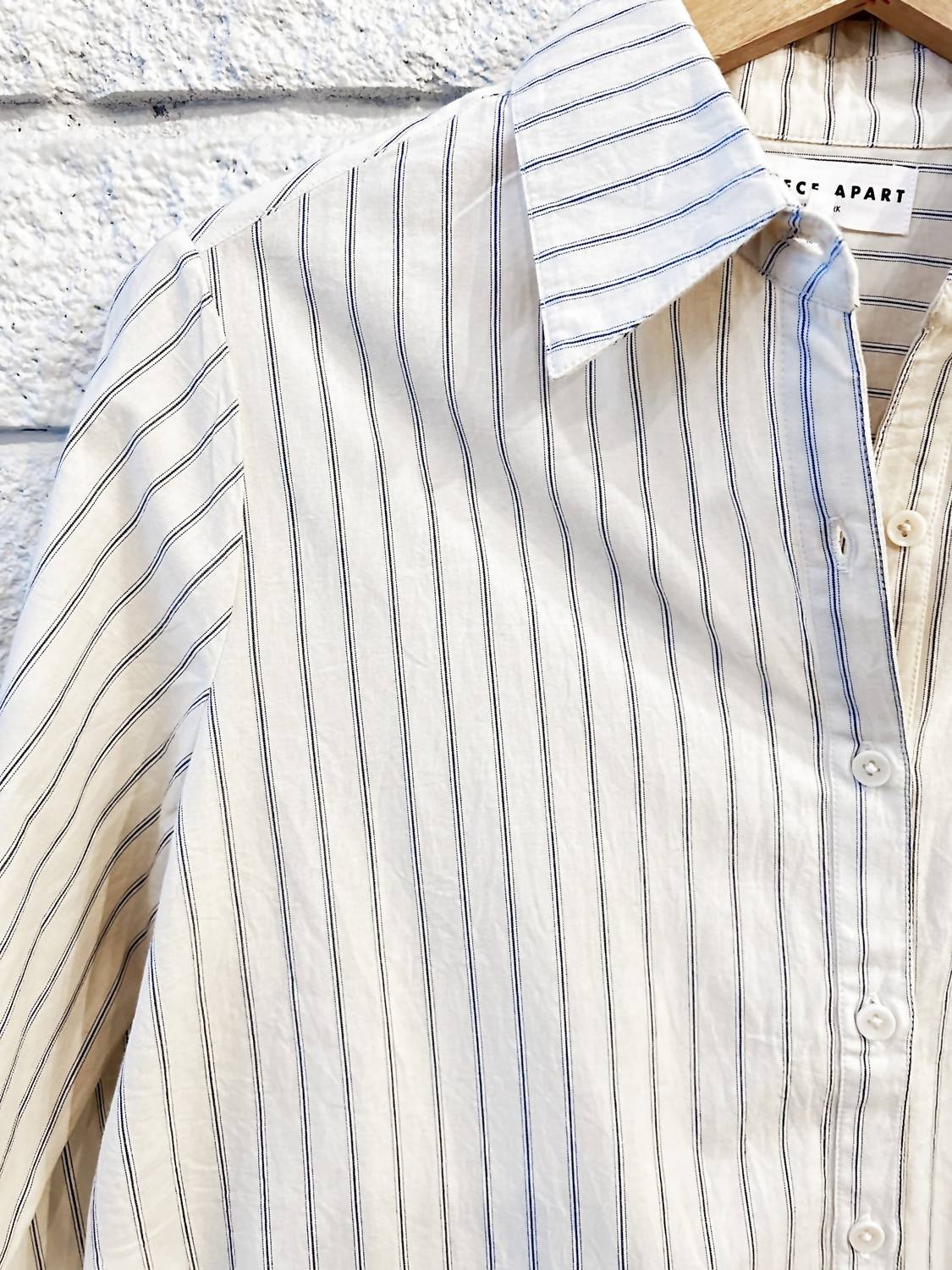 APIECE APART Sodi Wrap Button Up in pina stripes cream navy - women's blouse - view 4