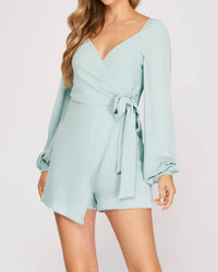She + Sky - Long Sleeve Surplice Woven Romper