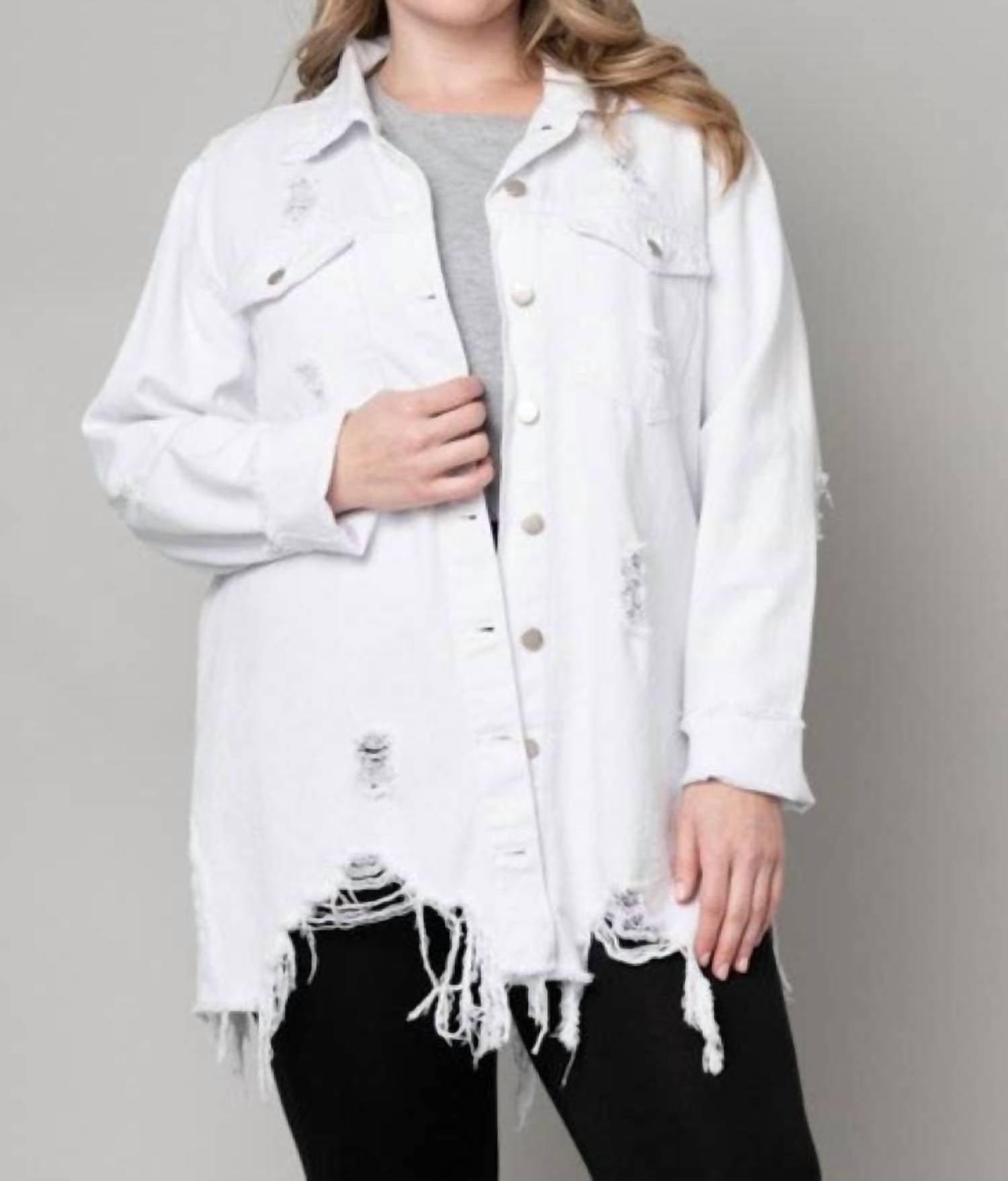 Pine Apparel - Distressed Denim Shacket - Plus