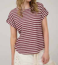 J.O.A. - Stripe Textured Knit Short Tab Sleeve Knit Top
