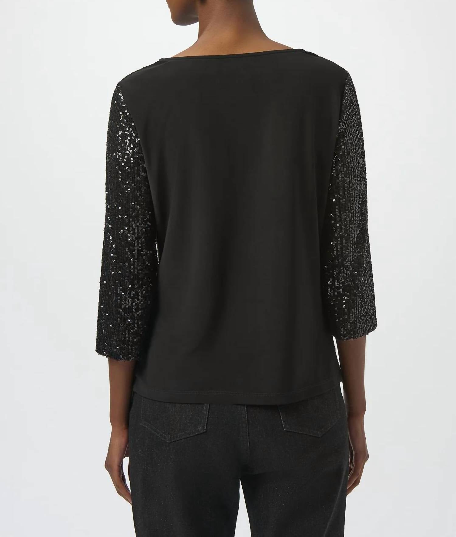 Joseph Ribkoff Sequined Cowl Neck 3/4 Sleeves Straight Top in black - women's blouse - detail view