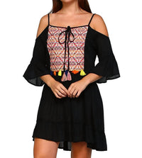 Velzera - Embroidered Tassel Cold Shoulder Mini Dress