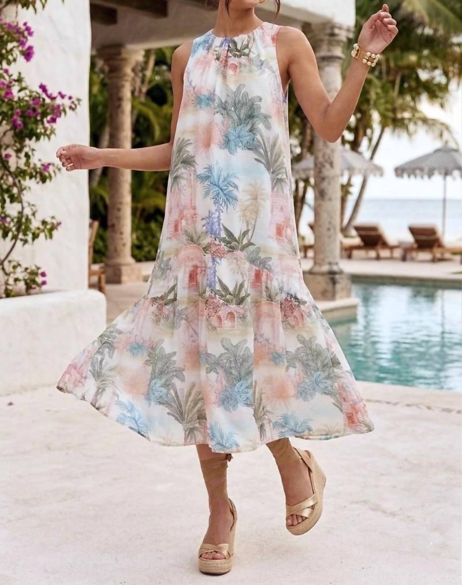 Entro - Island Escape Halter Self-Tie Neckline Midi Dress