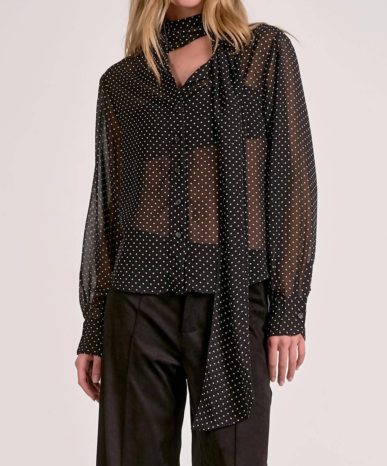 Elan - Polka Dot Neck Tie Blouse