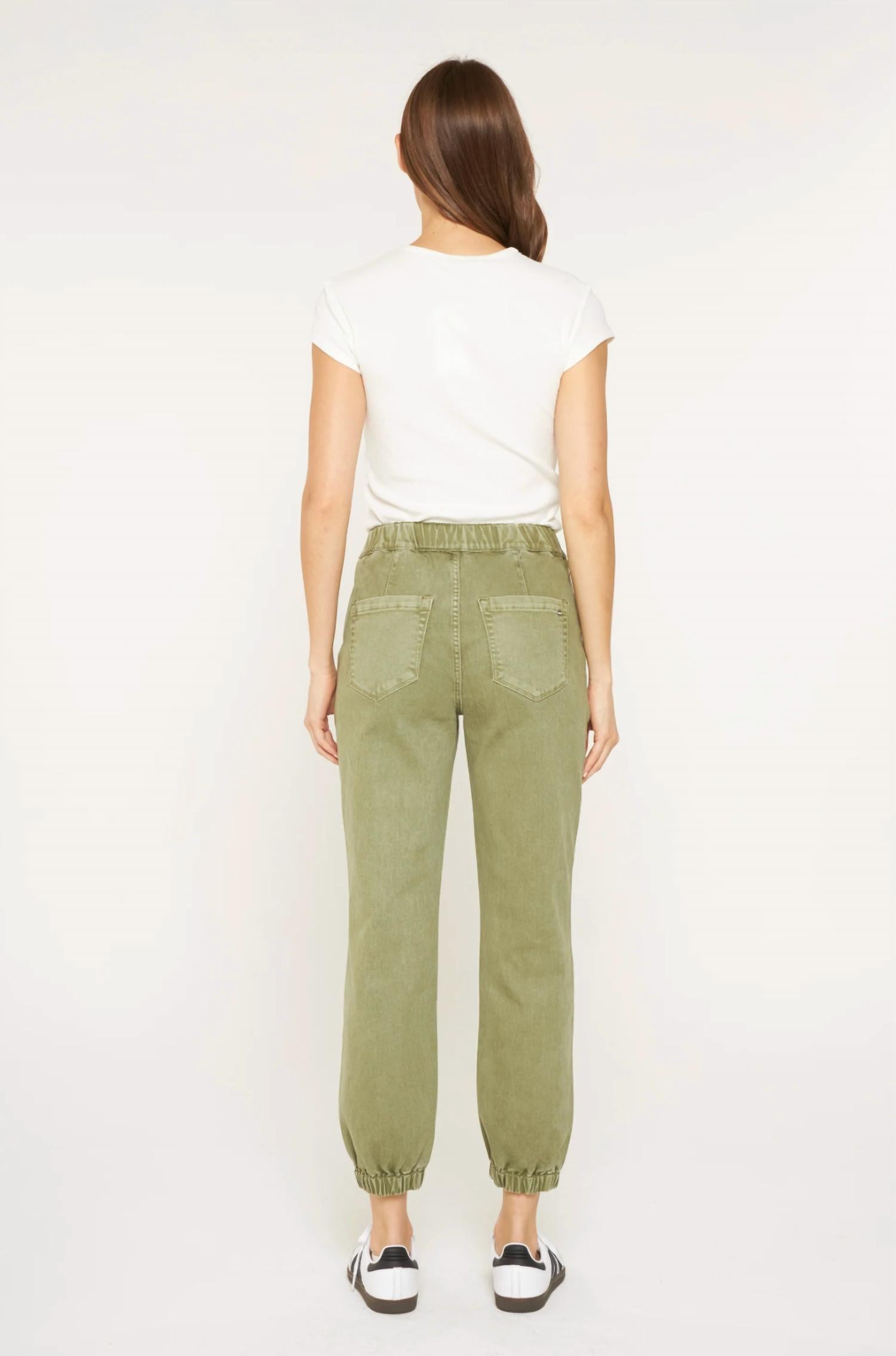 mica denim High Rise Jogger Crop Pants in olive - women's pants - detail view