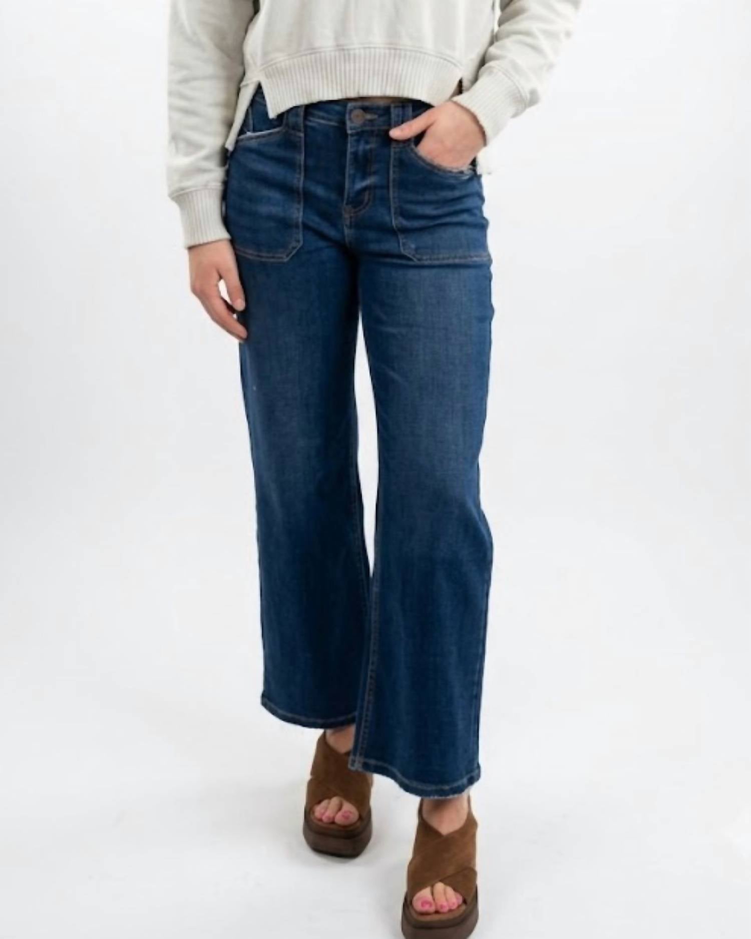 Mica Denim - High Rise Wide Leg Patch Pocket Jeans