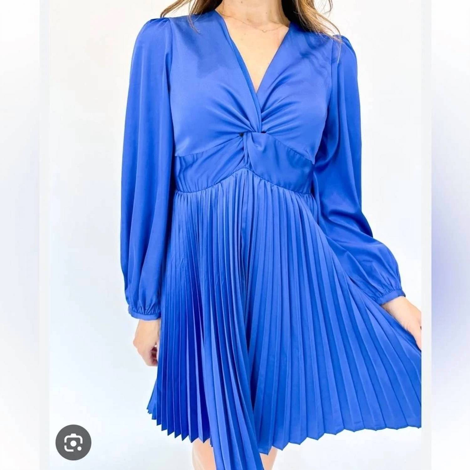 Joy Joy Long Sleeve Twist Pleated Dress in royal blue - women's dress