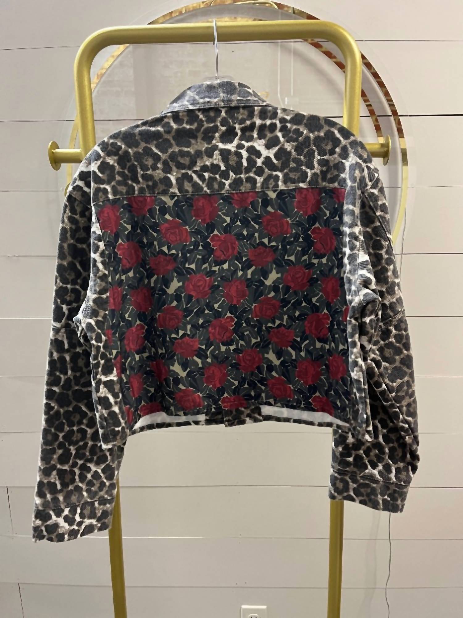Carole Christian Women's Leopard Denim Jacket With Lace And Sequin in multi - women's jacket - detail view