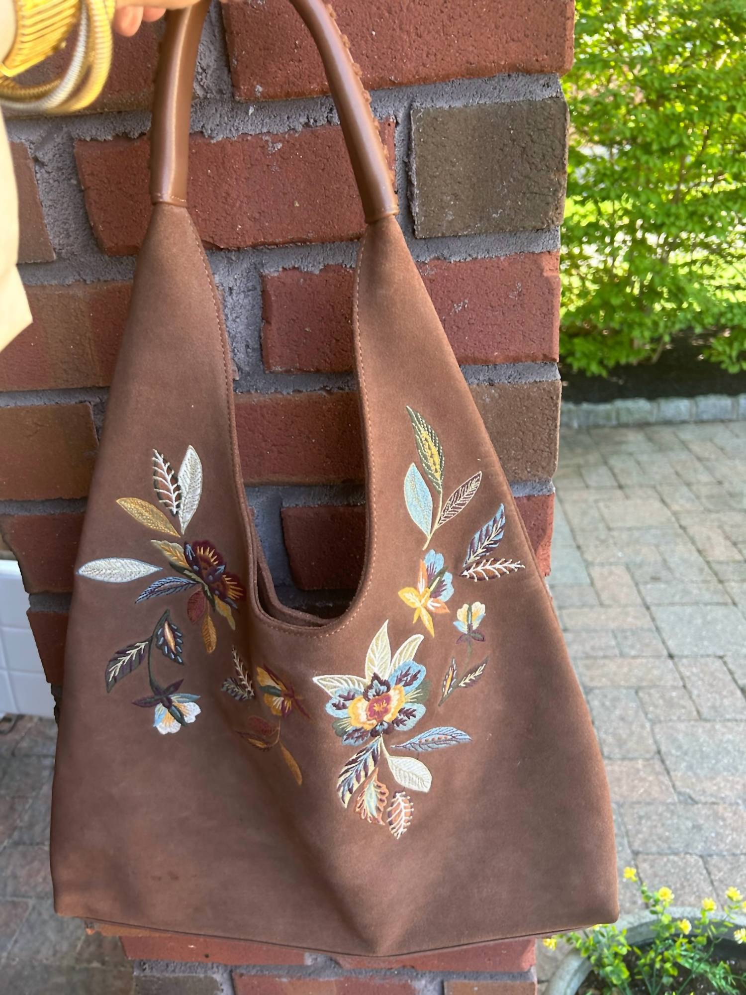 DRIFTWOOD multi flower embroidery Tote Bag in light brown suede - women's bag