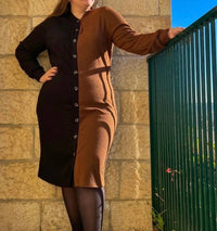 Swuun - Two-tone Button-down Ribbed Knit Sweater Dress