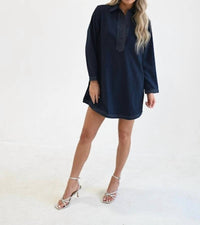 Never a Wallflower Split Neck Dress in navy boucle - women's dress
