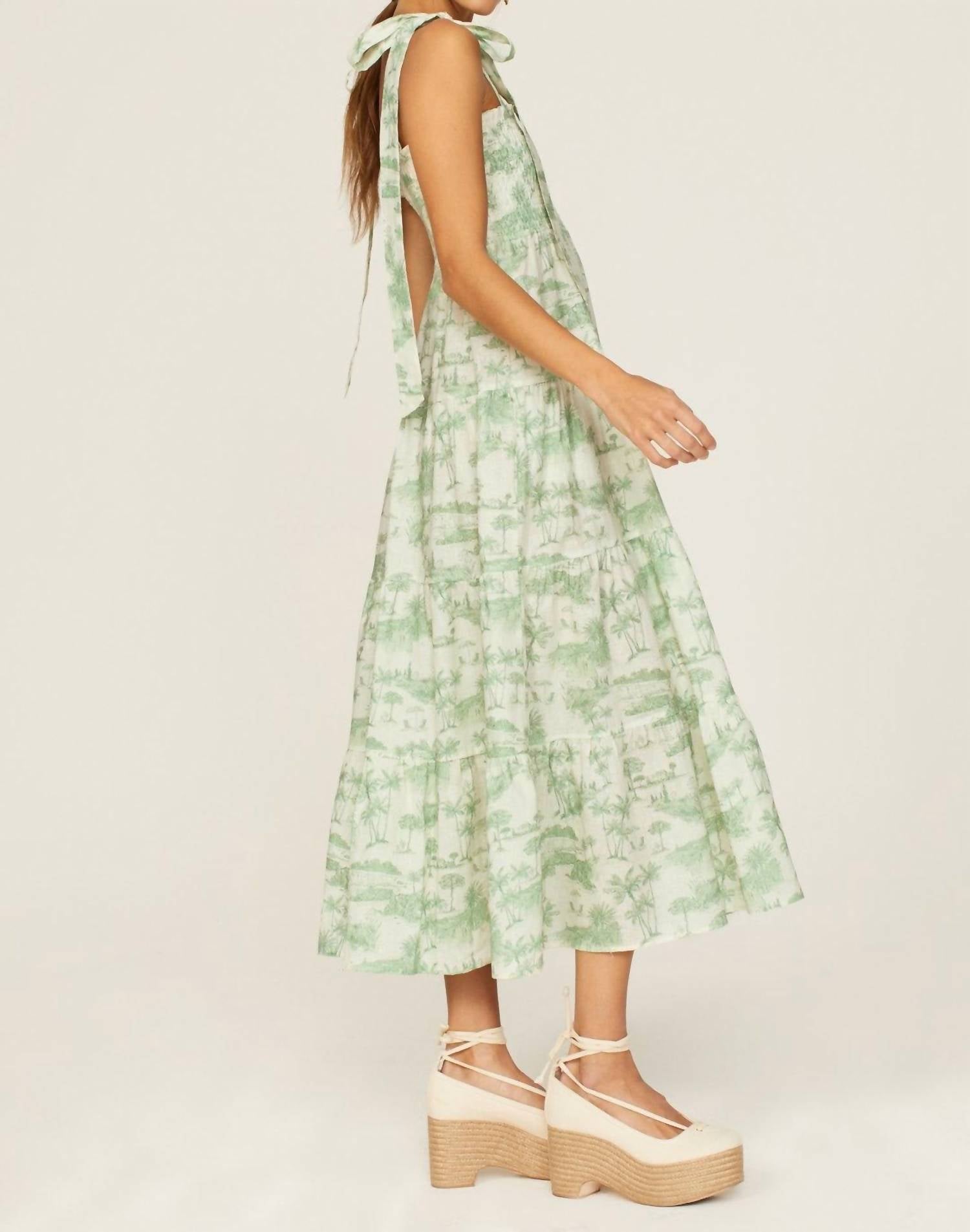 KIVARI Chloe Strappy Shirred Tiered Midi Dress in green - women's dress - detail view