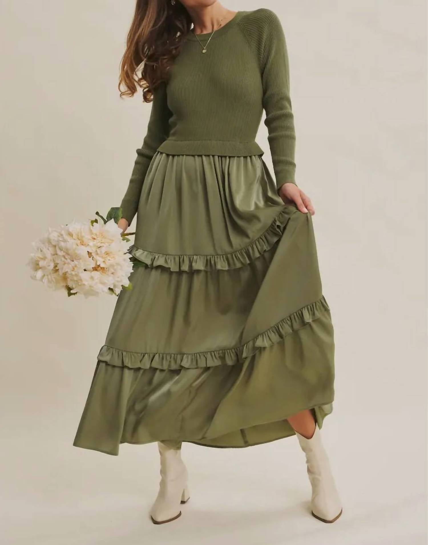 In February Hattie Knit Maxi Dress in olive green - women's dress - alternate view