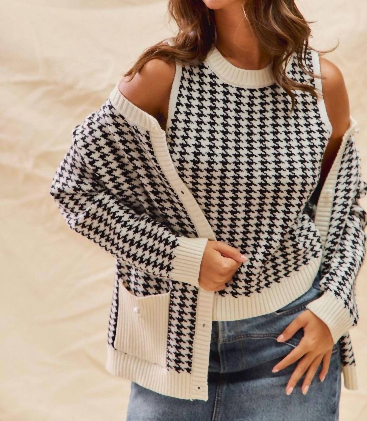 So Me - Missy Houndstooth Cardigan Sweater