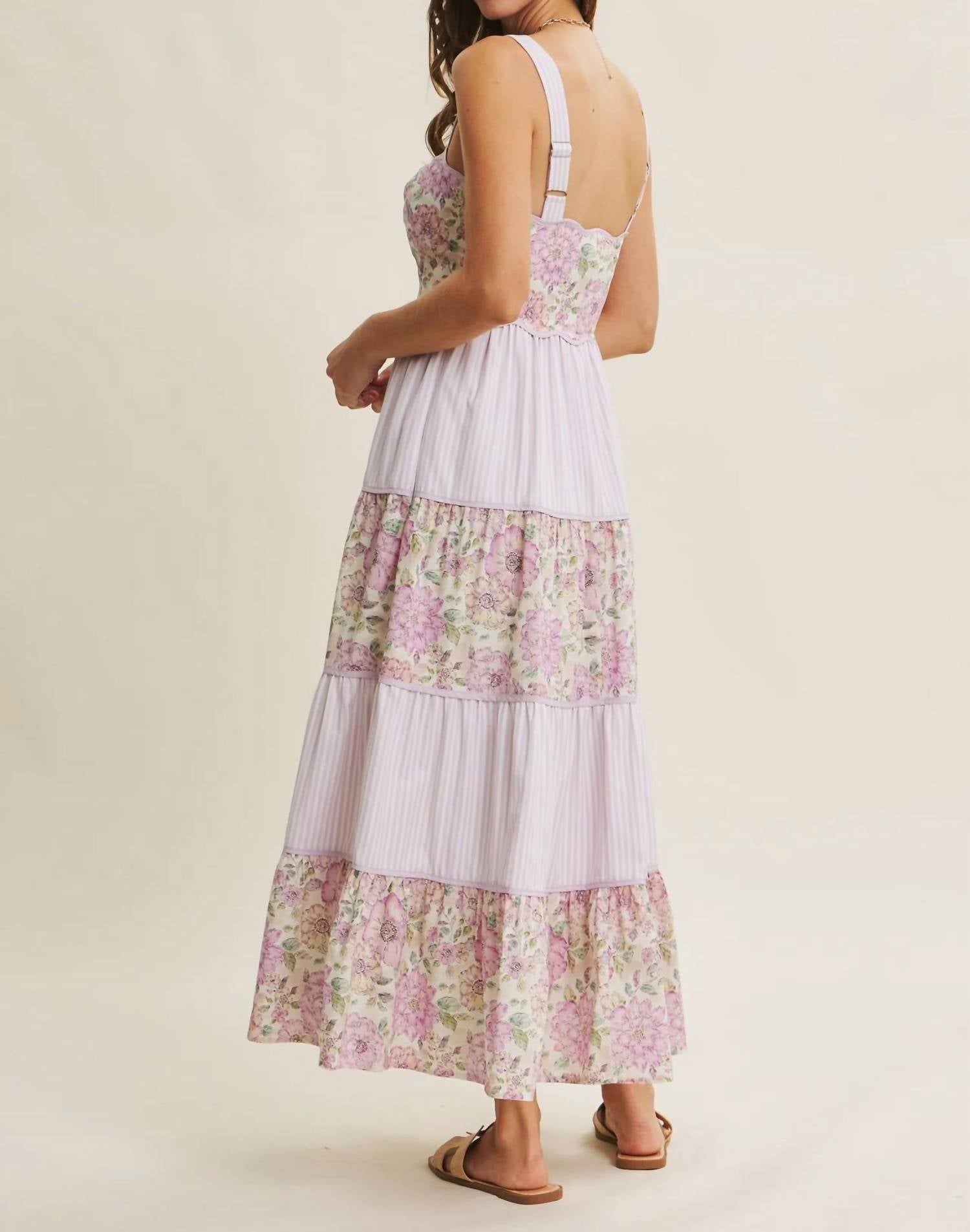 In February - Dreamy Ideal Florals And Stripes Tiered Midi Dress