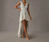 Mac Duggal - Metallic Floral Print Chiffon High-low Gown