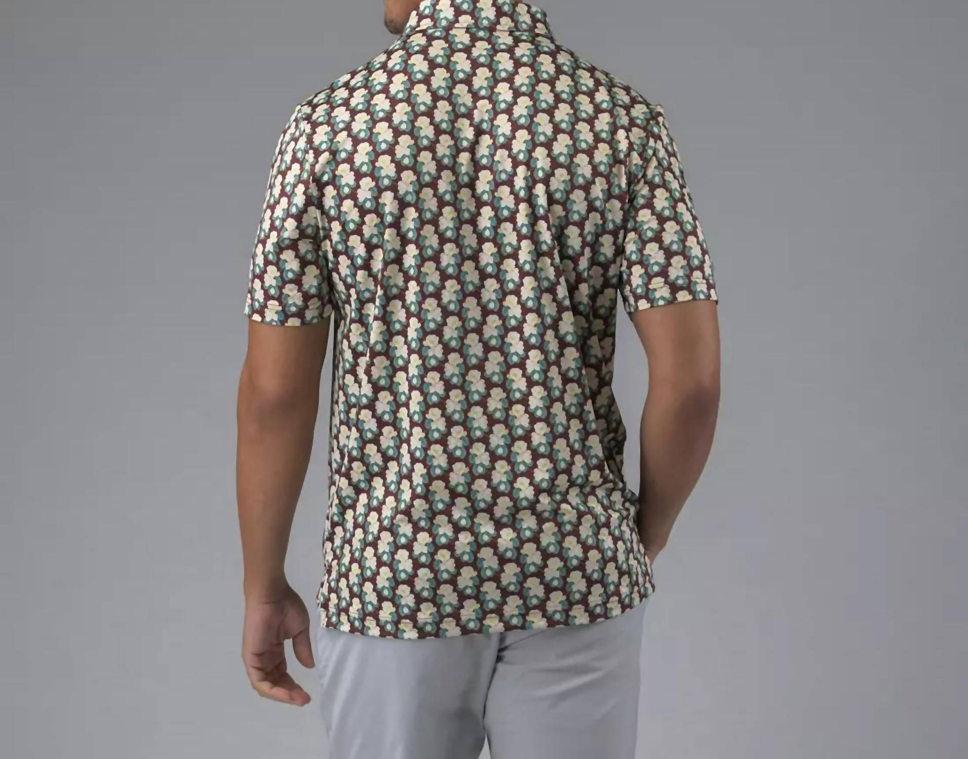 Good Good Golf Grand Entrance Short Sleeve Polo in brown floral - men's shirt - detail view