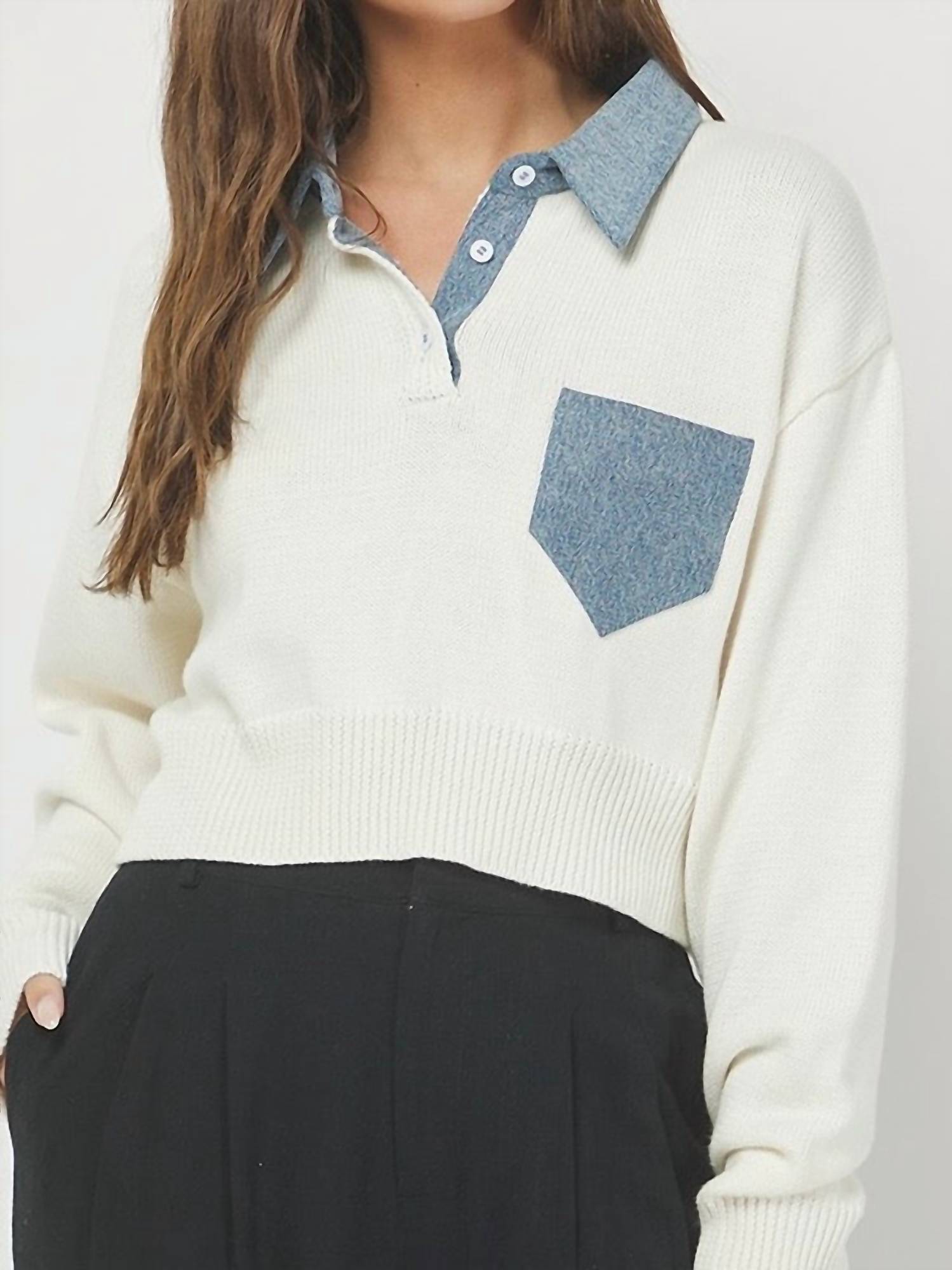 needii Jaden Polo Cropped Sweater in white blue - women's sweater