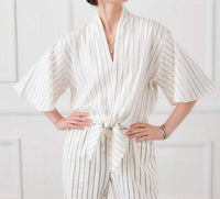 Karen Kane - Linen Blend Stripe Flare Sleeve Tie-front Top