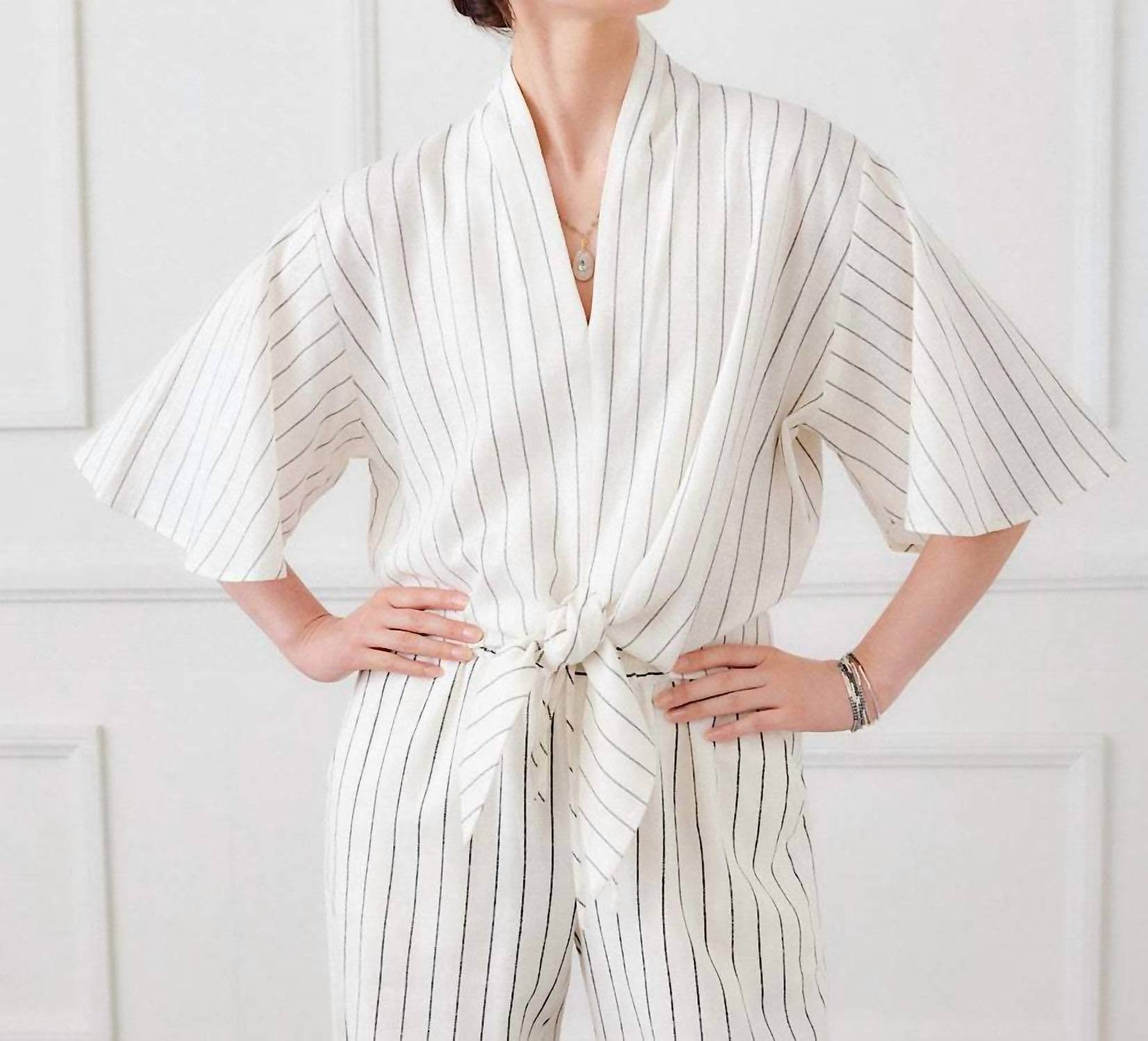 Karen Kane - Linen Blend Stripe Flare Sleeve Tie-front Top
