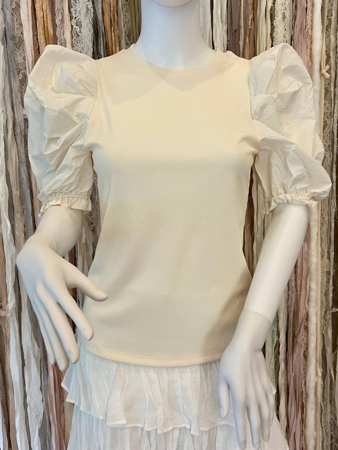 Ces Femme Women's Puff Sleeve Ribbed Knit Shirt in ivory - women's blouse