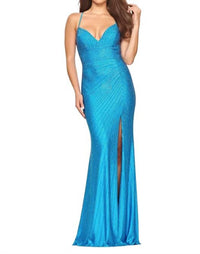 FAVIANA Linear Rhinestone Gown in sea blue - women's dress