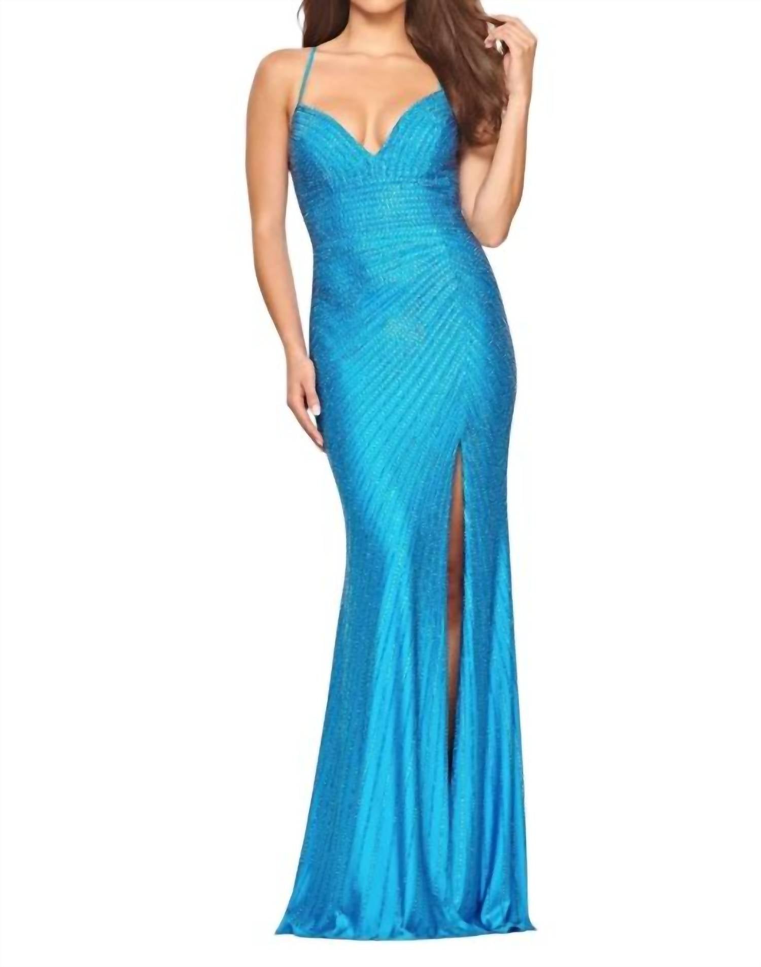 FAVIANA Linear Rhinestone Gown in sea blue - women's dress