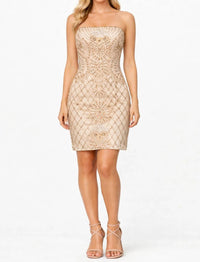 Sue Wong - Strapless Beaded Ribbon Swirl Mesh Dress