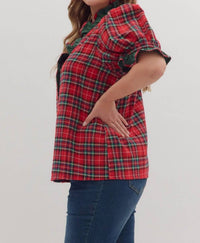 entro Plaid Puff Sleeve Top - Plus in red - women's blouse - alternate view