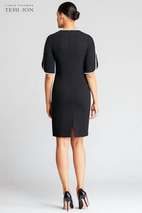 Teri Jon - Short Sleeve Pearl Trim Crepe Sheath Dress